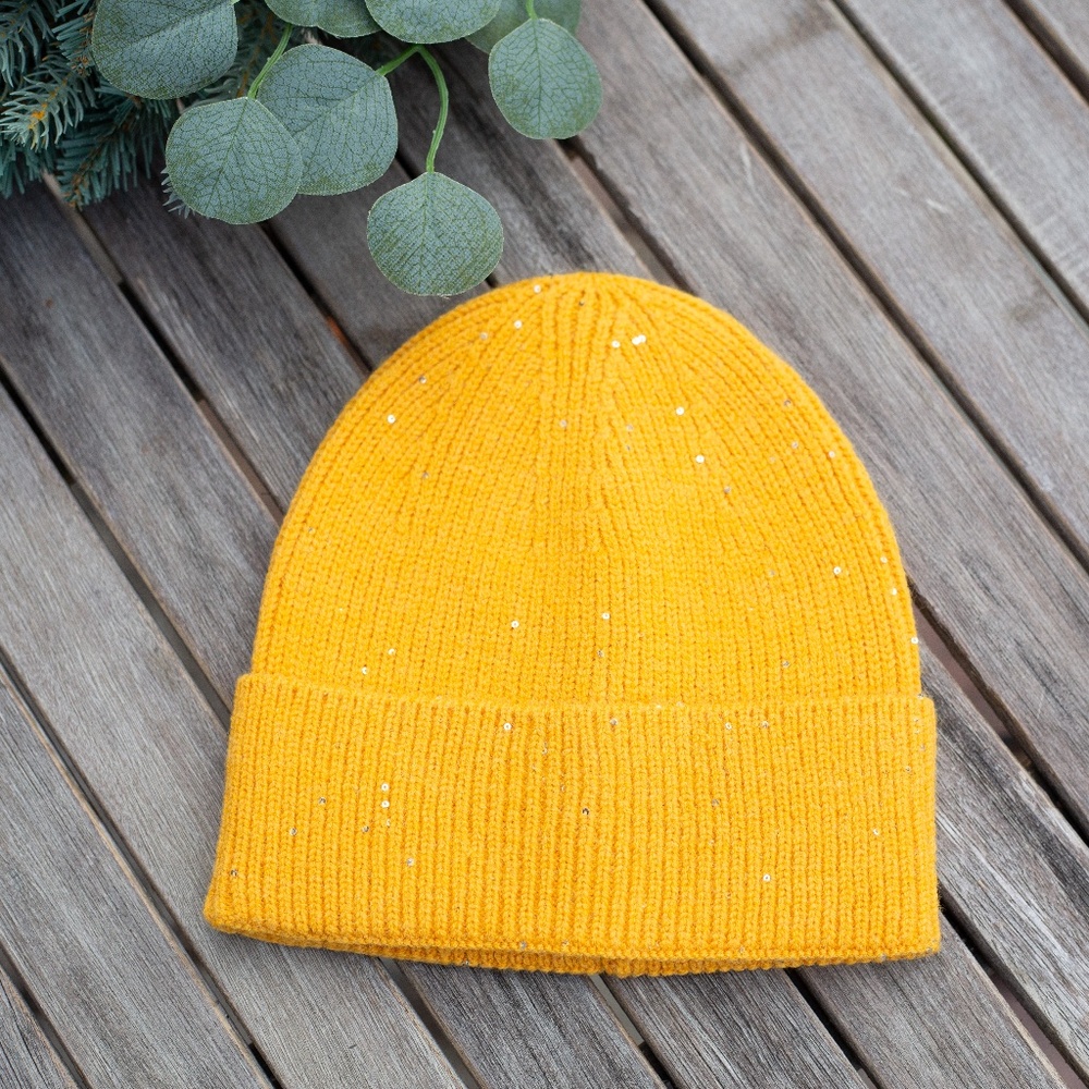 Winter Beanie Rib Knit Hat Women's Gold Yellow Shimmer Sparkle Glam Glitter
